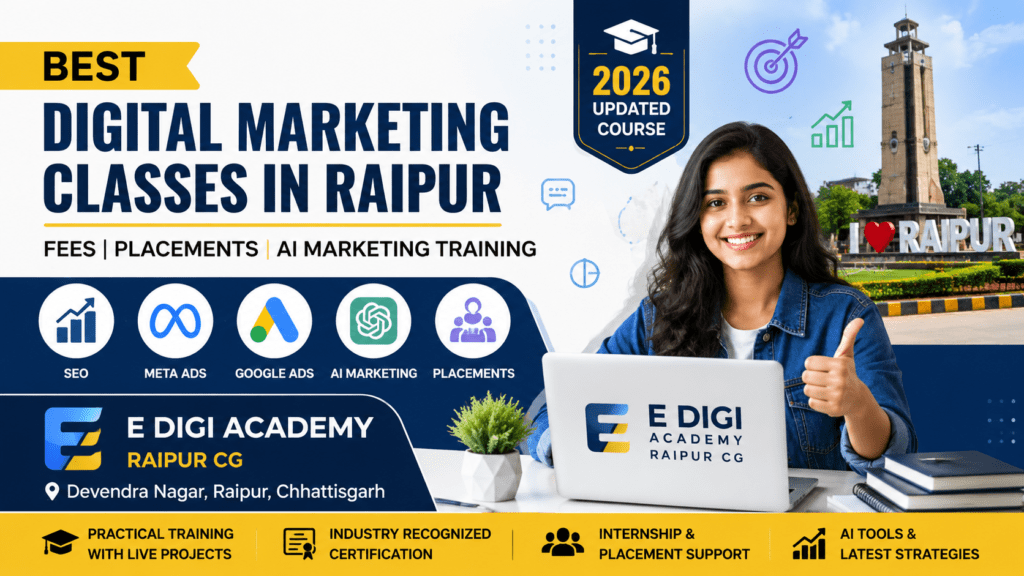 Student promoting E Digi Academy digital marketing classes in Raipur with SEO, Meta Ads, Google Ads, AI marketing, placements, and practical training.